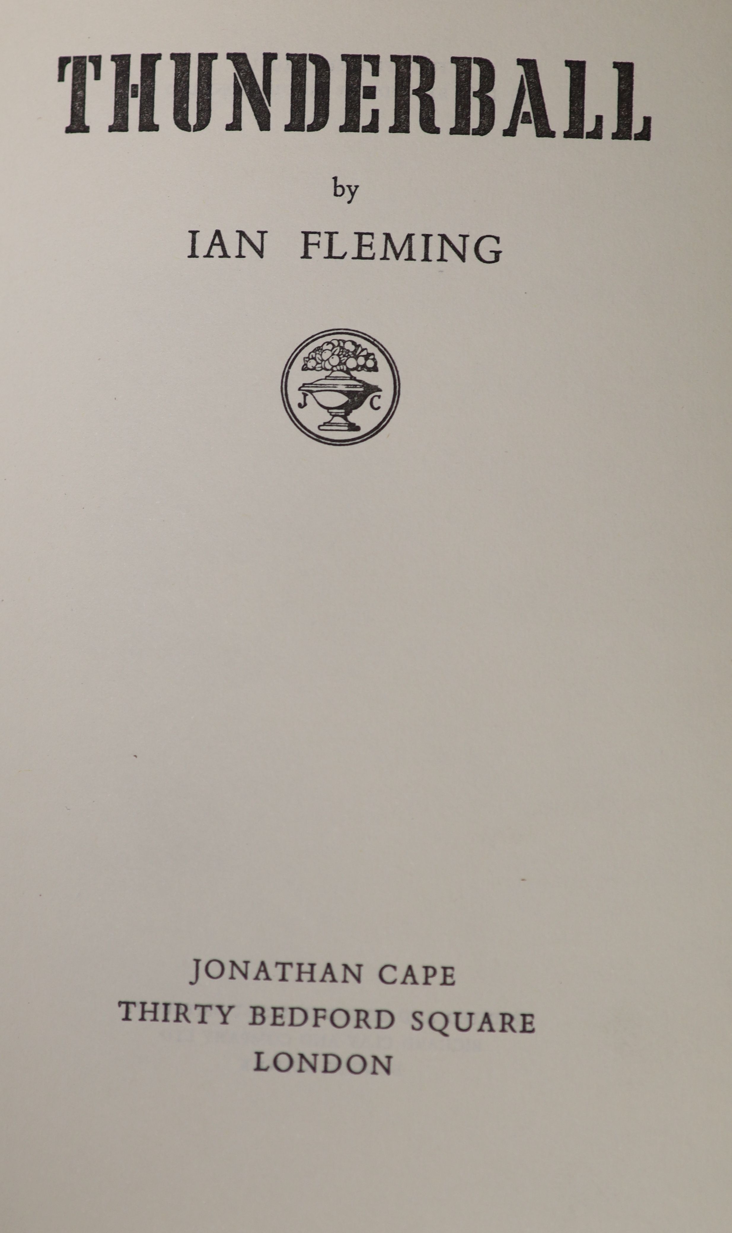 Fleming, Ian- Thunderball, 1st edition, original cloth, with unclipped d/j designed by Richard Chopping, front flap with later Jonathan Cape ‘’16s. 0d’’ sticker over 15s printed price, London, 1961